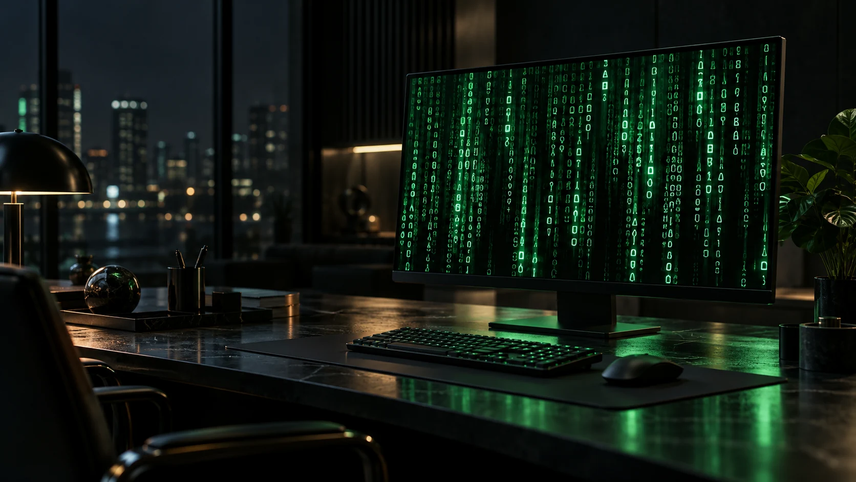 A computer monitor filled with green cascading code in a dark office.
